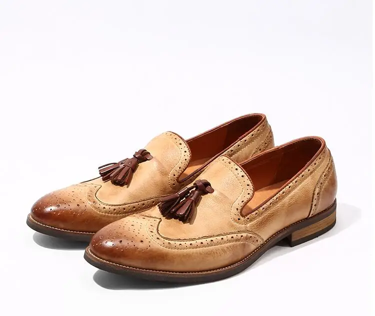 Броги мужские туфли без шнуровки натуральная кожа Летние лоферы на плоской подошве кисточки smart casual острые носки винтажные броги обувь