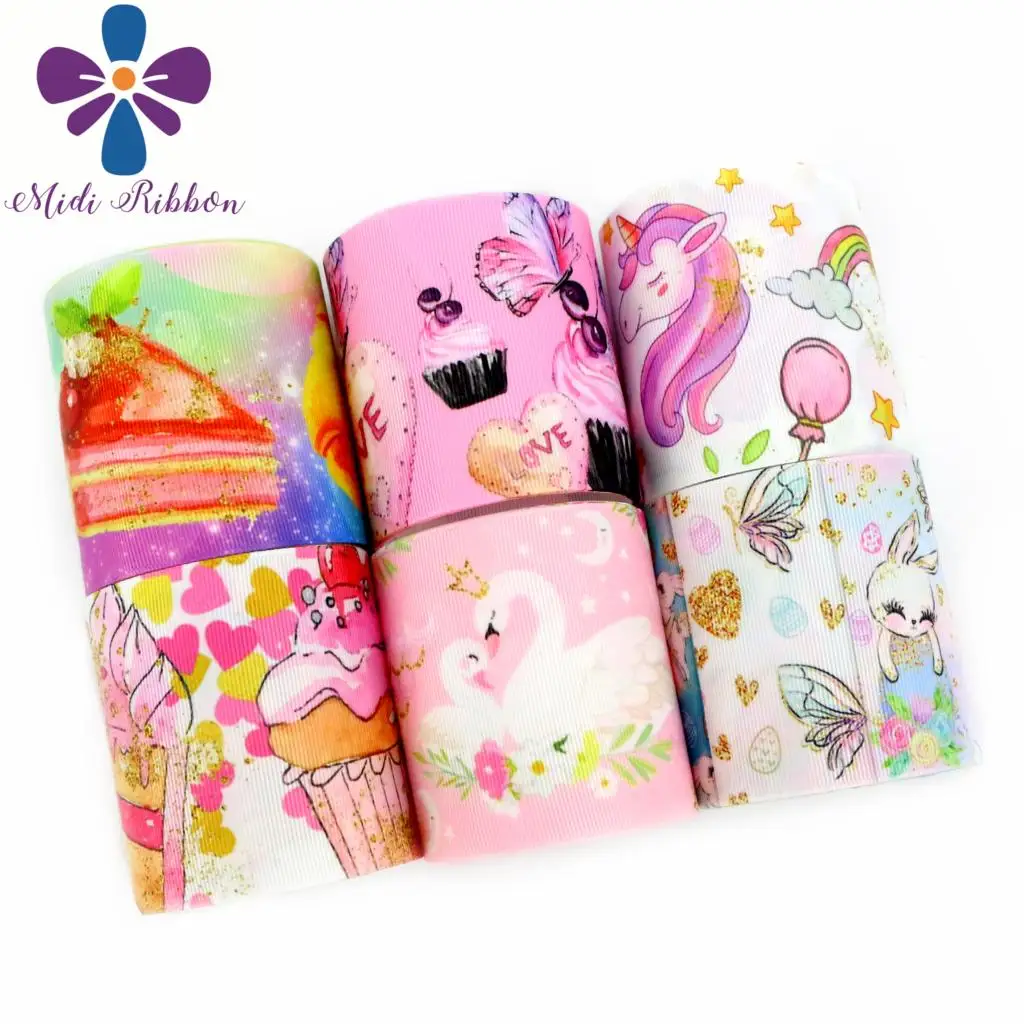 

16mm-75mm Pink Series Unicorn Cake Dessert Printed Grosgrain/Elastic Ribbon Animal Rainbow Galaxy DIY Hair Bowknots 50yards/roll