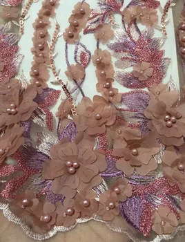 

African Lace Fabric Nigerian French Fabric 3d flowers High Quality African French Tulle Lace Fabric with beadds TS7281