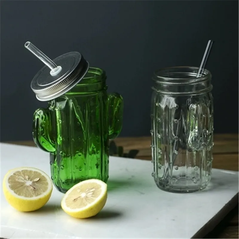 

KINGLANG Cactus Glass Straw Large Capacity Juice Cup Household Breakfast Cup Milk Cock Cup