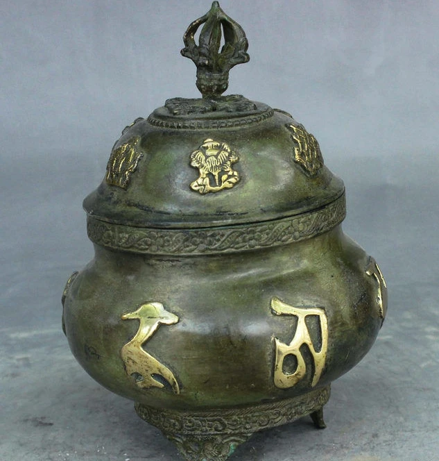 

6" Tibet Bronze 8 Auspicious Symbol Statue Fane Joss Pray Incense Burner Censer