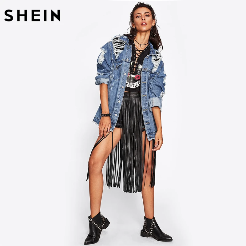 SHEIN Destroyed Boyfriend Denim Jacket Blue lapel Fall Jackets Women Single Breasted Casual Womens Jackets and Coats