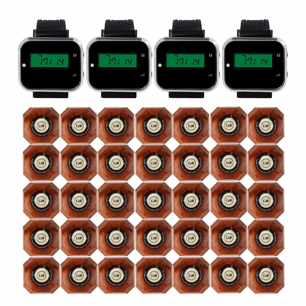 

433MHz Wireless Pager Calling System Restaurant Equipment For Factory Coffee 4pcs Watch Wrist Receiver +35pcs Call Button F3300A
