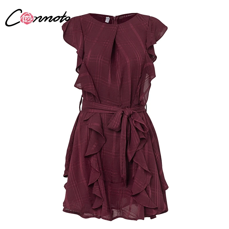 Conmoto Boho Ruffle Elegant Dress For Evening Short Casual Dress Bow Sleeveless Wine Red Women Party Dress Vestidos