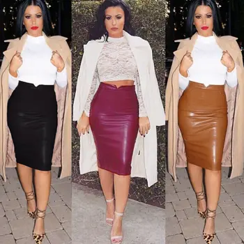 

Sexy PU Leather Mini Pencil Skirt Bodycon Women OL Style High Waist Pure Color Slim Skirts Knee-Length Female Fashion Skirts