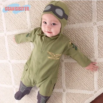 

2PCS/Sets Infant Baby Pilot Rompers + Hats Cartoon Cute Pocket Army Jumpsuits Girls Boys One-piece Toddler Kids Outfits Clothes