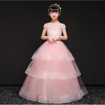

Spring Summer Elegant Children Girls Appliques Flowers Model Show Performance Dress Kids Teens Birthday Wedding Party Dress