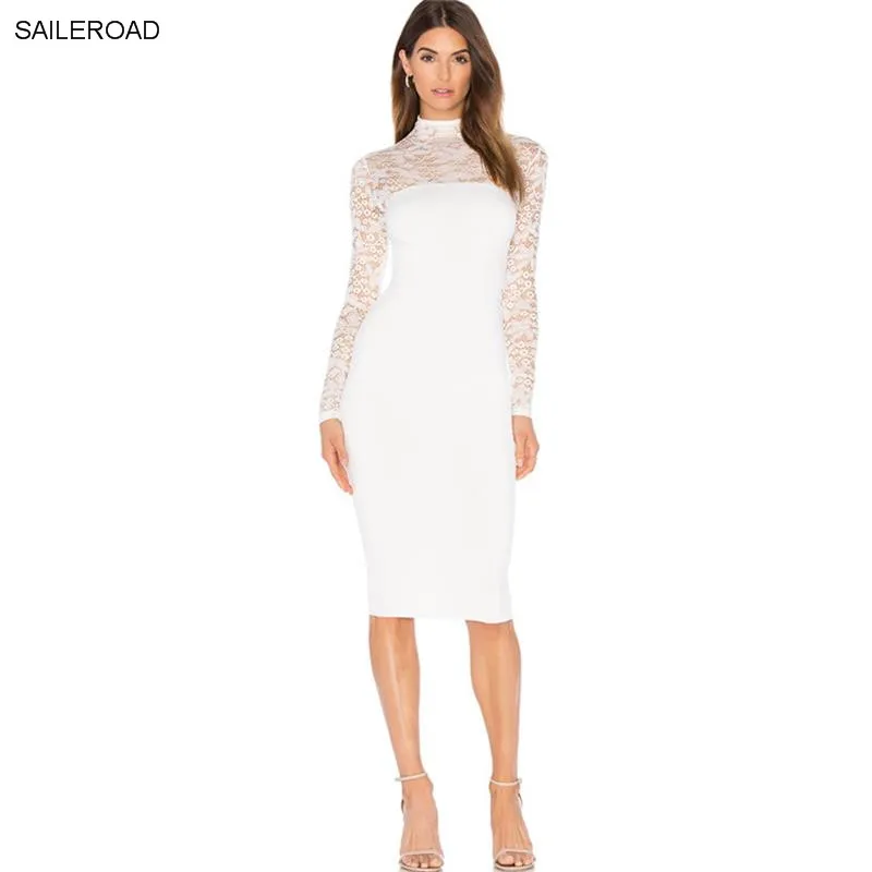 

Spring Autumn Womens Elegant Sexy Hollow Out Lace Dress Evening Party Bodycon Dress Sheath Fitted Jurk Pencil Office Midi Dress