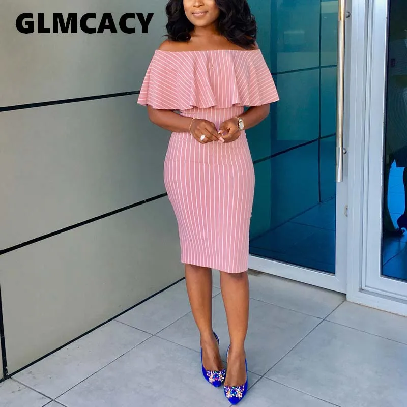

Women Sexy Ruffle Stripe Summer Dress Off Shoulder Dress Casual Party Beach Midi Dress Elegant Bodycon Vestidos