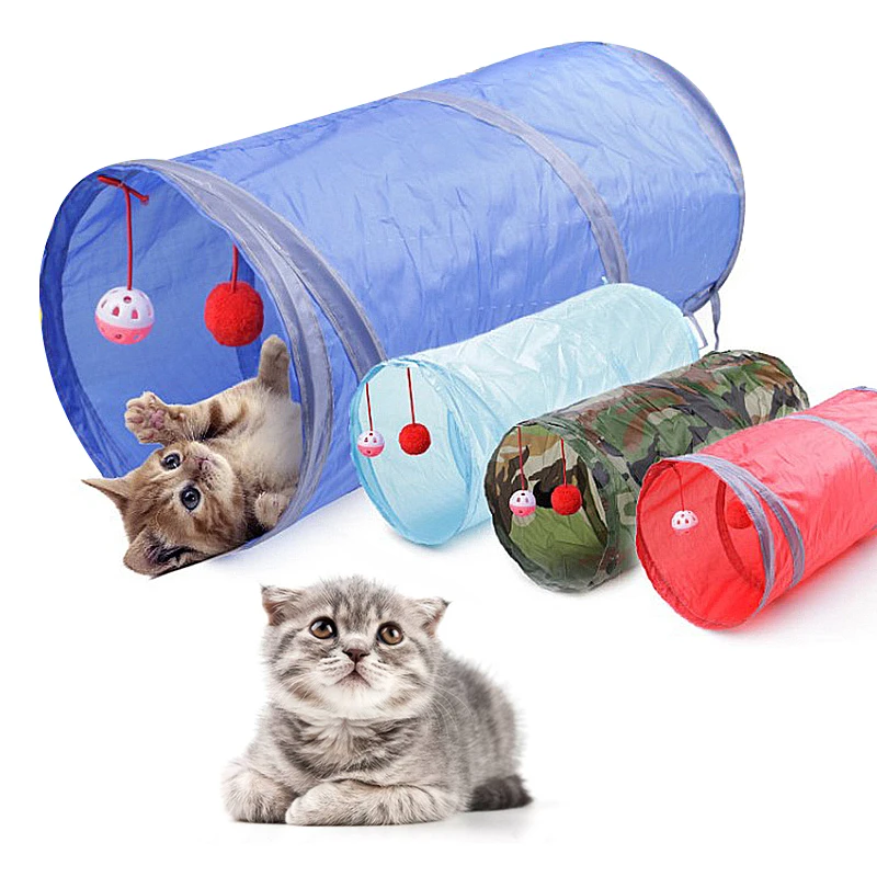 

7 colors Foldable Pet Cat Toy Tunnel ring paper two-way tunnel with hanging two balls for cat Kitten playing drill bucket