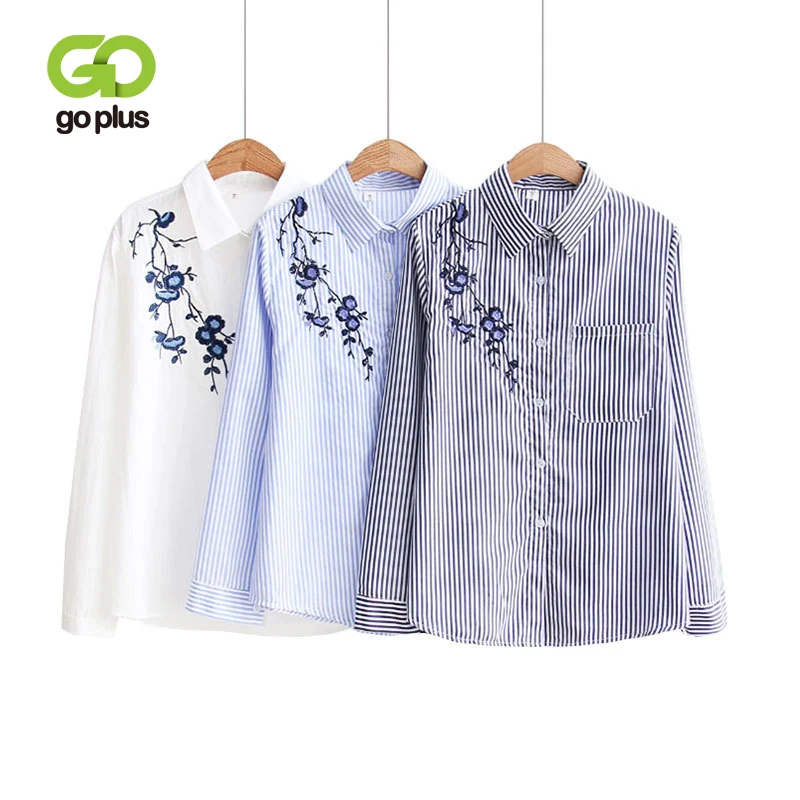 

GOPLUS 2019 Spring Embroidery Striped Cotton Shirts Women Long Sleeve Turn Down Collar Blusas Ladies Slim Street Blousa Female