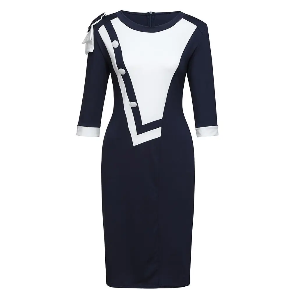 

Women Elegant Dress Spring Three Quarter Sleeve O Neck Knee Length Shift Dresses With OL Style Work Dress Office Lady Workwear