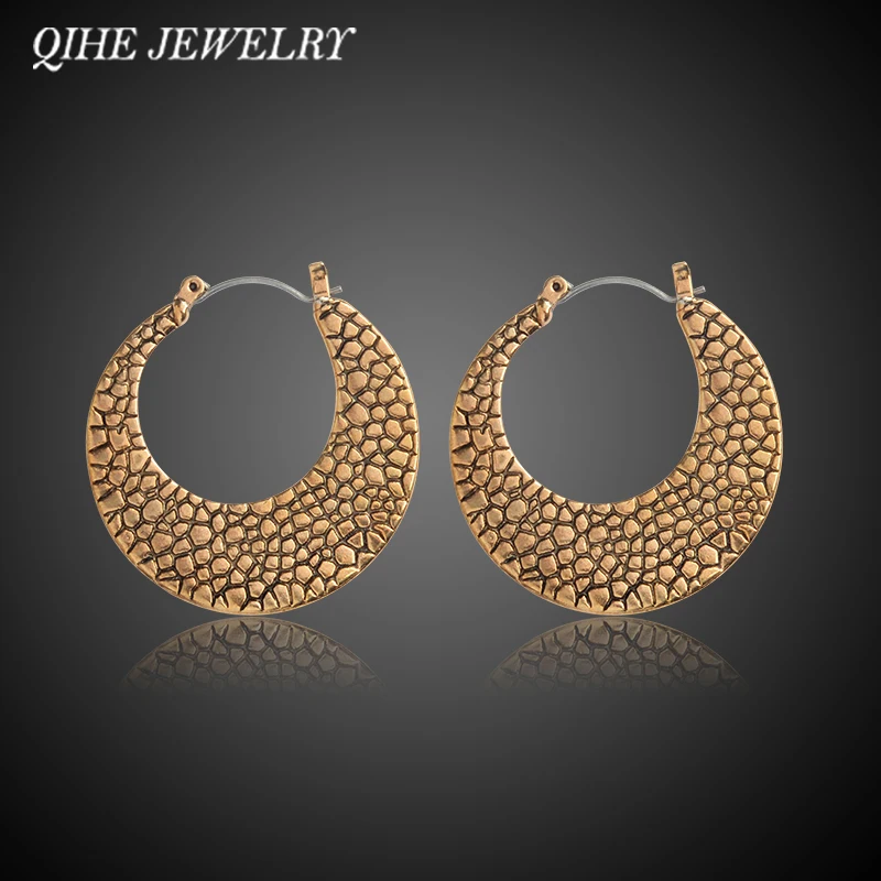 

QIHE JEWELRY Big Circle Antique Gold Color Hoop Earrings For Women Party Wholesale Brincos Boho Ethnic Jewelry