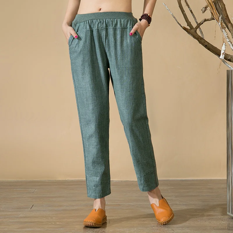 

New Harem Pants Women Cotton Linen Trousers Spring Summer Casual Pockets Elastic Waist Straight Ankle-Length Pants Plus Size 5XL