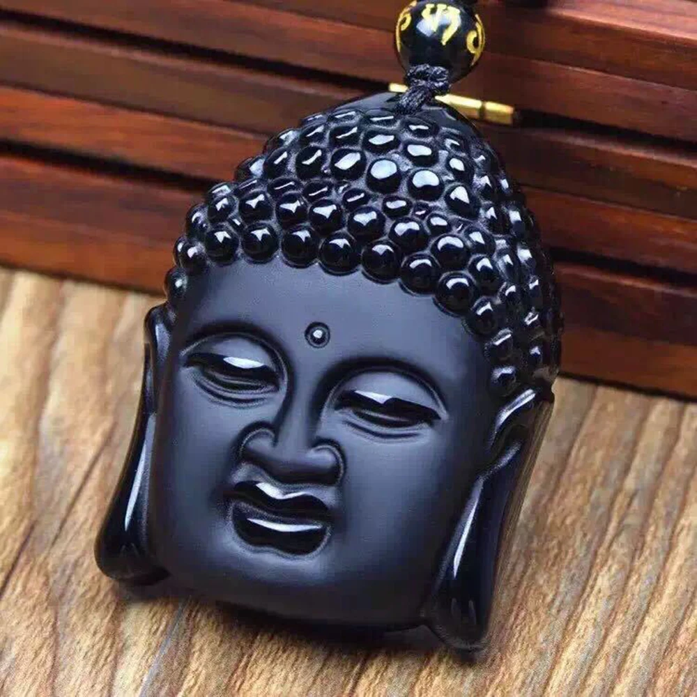 Black Buddhism Pedant Necklace Obsidian Hand Carved Lucky Buddha Amulet