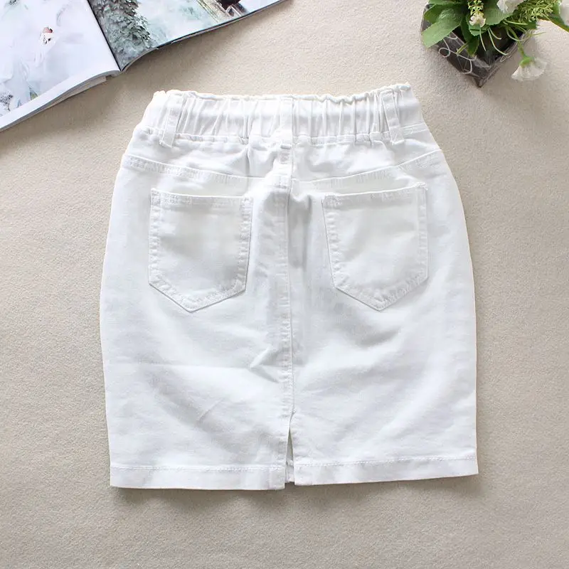 Summer White Jeans Skirts Womens Elastic Waist Back Split Pencil Skirts Cotton Natural Waist Above Knee Denim Skirts 9323