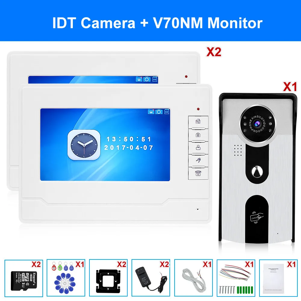 Video Doorphone Intercom System 7'' Color Monitors RFID Access Camera Door Bell Take Photos Recording+ 16G TF Cards for Home - Цвет: V70NM2-IDT