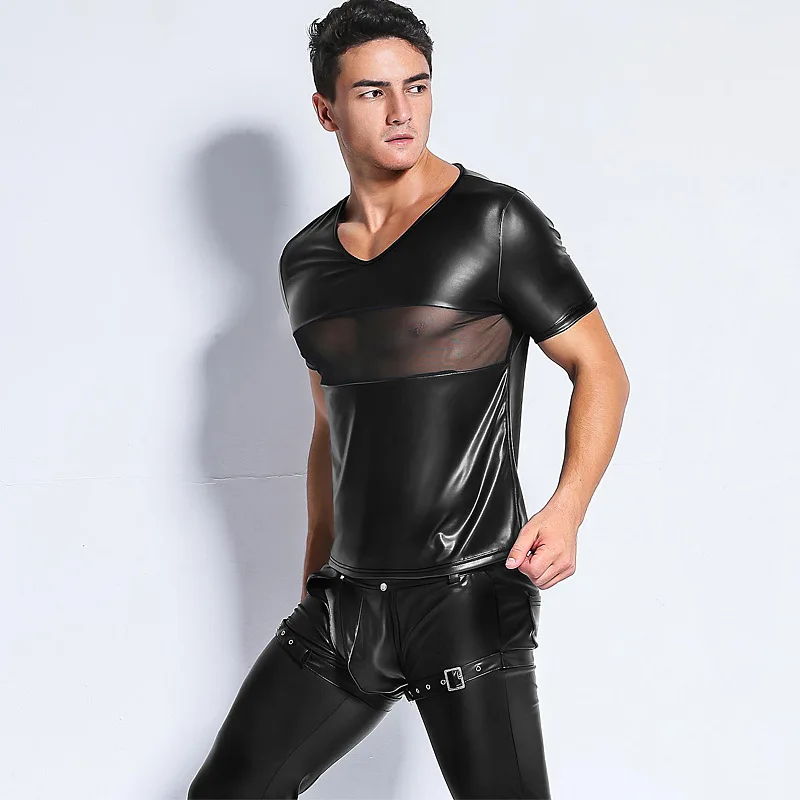 

Erotic Lingerie Wetlook Faux Leather Mens Tops Undershirts Sexy Short Sleeve Tight Tees Ubderwear Fetish Party Clubwear Catsuit