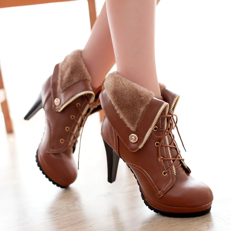 BONJOMARISA/супер теплые плюшевые пинетки, женские зимние ботинки на высоком каблуке г. Женская зимняя обувь на платформе со шнуровкой, размеры 34-43