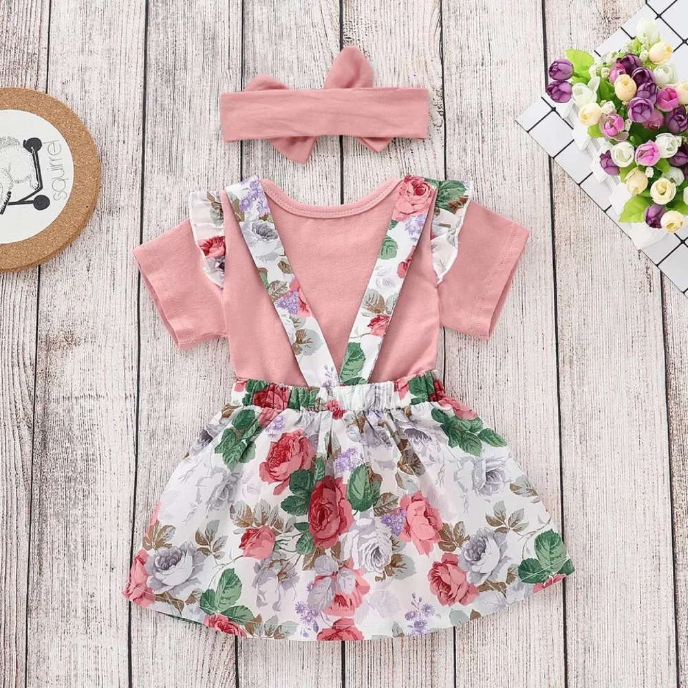 3pcs Baby Girl Clothes Set Flower Dress Sling Skirt Short Sleeve Bodysuit Bow Headband O-neck 6-18m Summer Baby Clothing