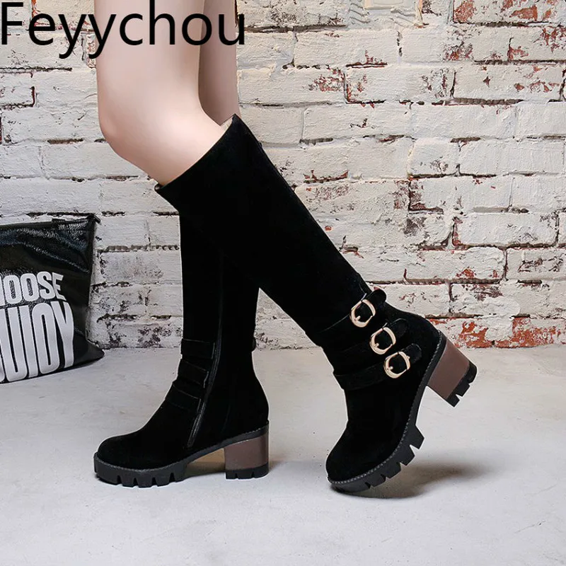 Women Boots Autumn Winter High Heel Warm Flock Round Toe Zip Buckle Knee High Platform New Sexy Fashion Black Big Size34-43