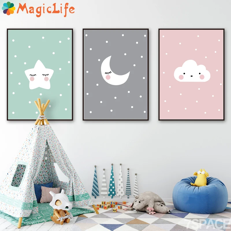 

Cartoon Clouds Moon Stars Decor Wall Art Canvas Painting Nordic Poster Princess Wall Pictures For kid Room Art Prints Unframed