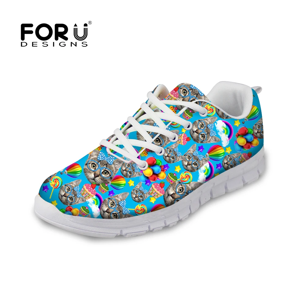 

FORUDESIGNS Blue Women's Flat Shoes Cute Mini Animal Cat Design Autumn Lace-up Flats Shoes Zapatos Mujer Ladies Leisure Shoes