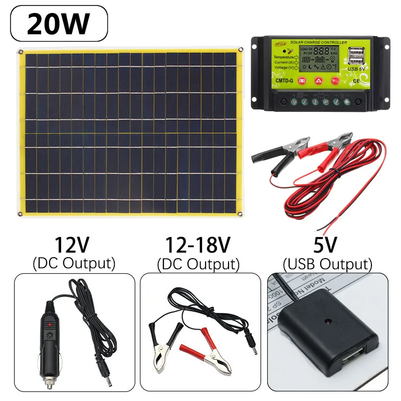 

5V/12-18V 20W Monocrystalline Solar Panel Solar-Controller 300CM 3A Alligator Clip 2X Solar Mounting Bracket Fits