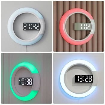 

Led Mirror Hollow Wall Clocks Home Decor Multi-Function Alarm Temperature Ring Light Digital Wall Clock