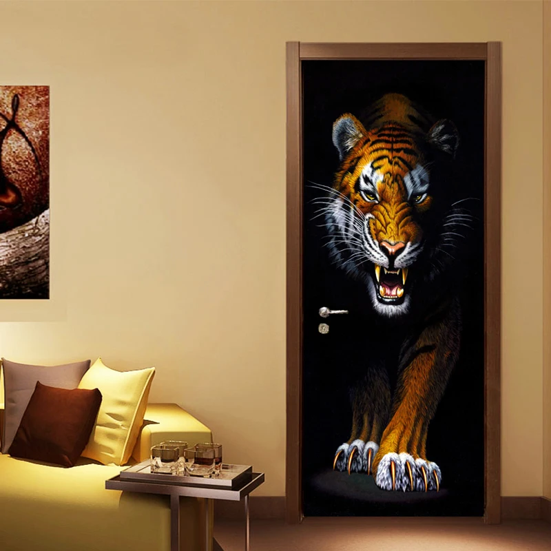 Papel de parede 3d para porta, decoração caseira, estéreo, tigre, animal,  sala de estar, cozinha, à prova d'água, vinil, mural de portas, pasta