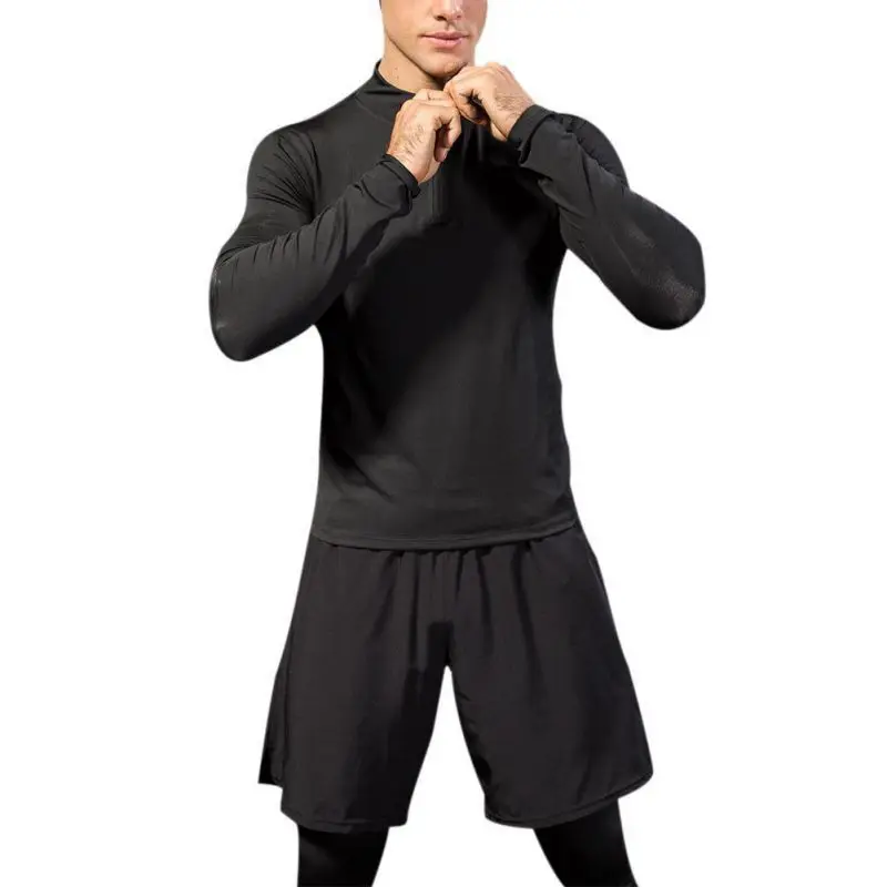 Сухой облегающий мужской компрессионный спортивный костюм для фитнеса с длинным рукавом, облегающий комплект для бега, футболка, однотонный цвет, спортивный костюм для спортзала