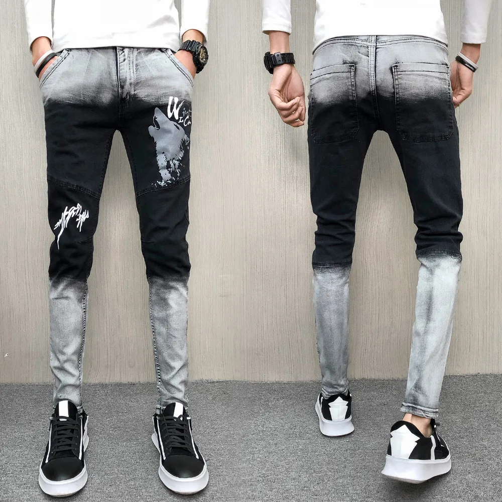 Весенние джинсы, мужские брендовые Новые Универсальные джинсовые брюки, мужские хип-хоп Лоскутные цветные штаны с принтом, уличная одежда, облегающие мужские джинсовые брюки