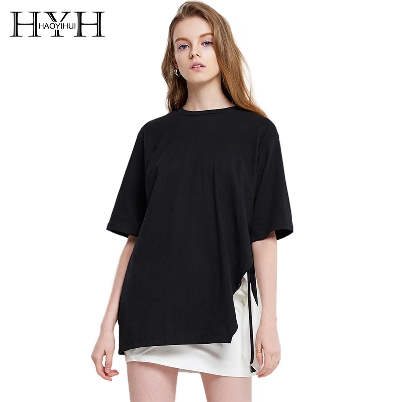 HYH Haoyihui бренд 2018 Женские повседневные футболки с круглым вырезом и рукавом до