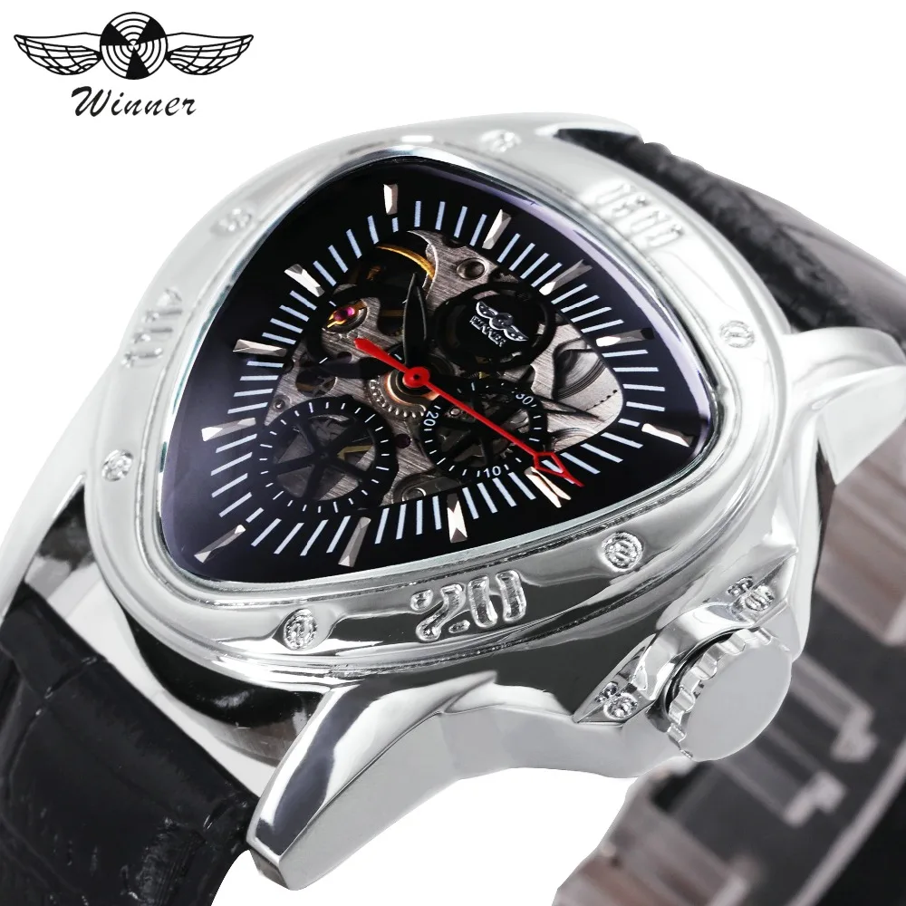 

WINNER Brand Men's Military Sports Watches Leather Strap Men's Automatic Mechanical Wrist Watches Triangle Montre Homme +BOX