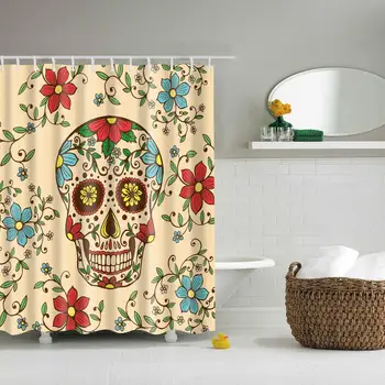 

Halloween Day of The Dead Colorful Skull with Floral Shower Curtain Set Waterproof Polyester Fabric Bathroom Curtain