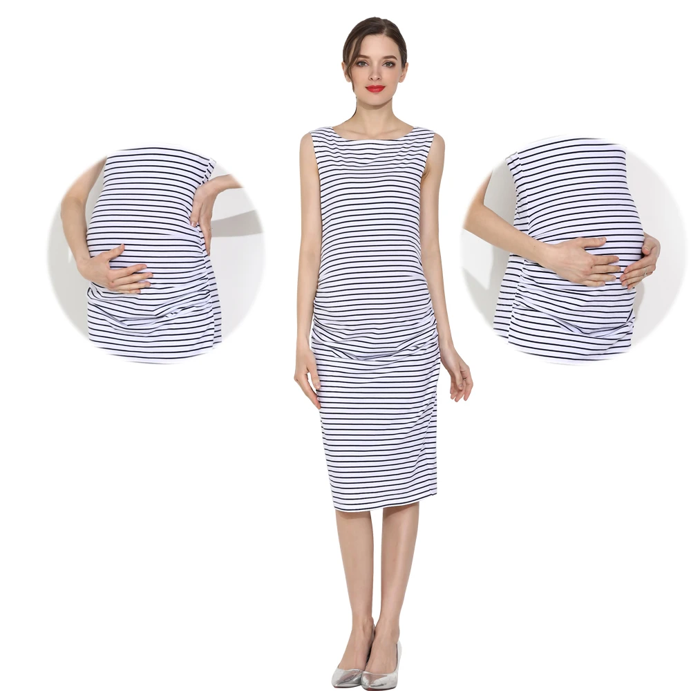 

Summer Sleeveless Pregnant Dress Maternity Mama Knee-length Dress Pregnancy Clothes Casual Summer Stripe Cotton Dress