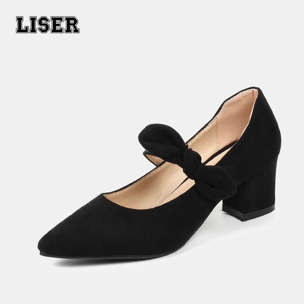 

summer 2019 women's Mary Jane pumps flock shoes thick square medium 6cm heels casual bow knot classic design for drop shipping