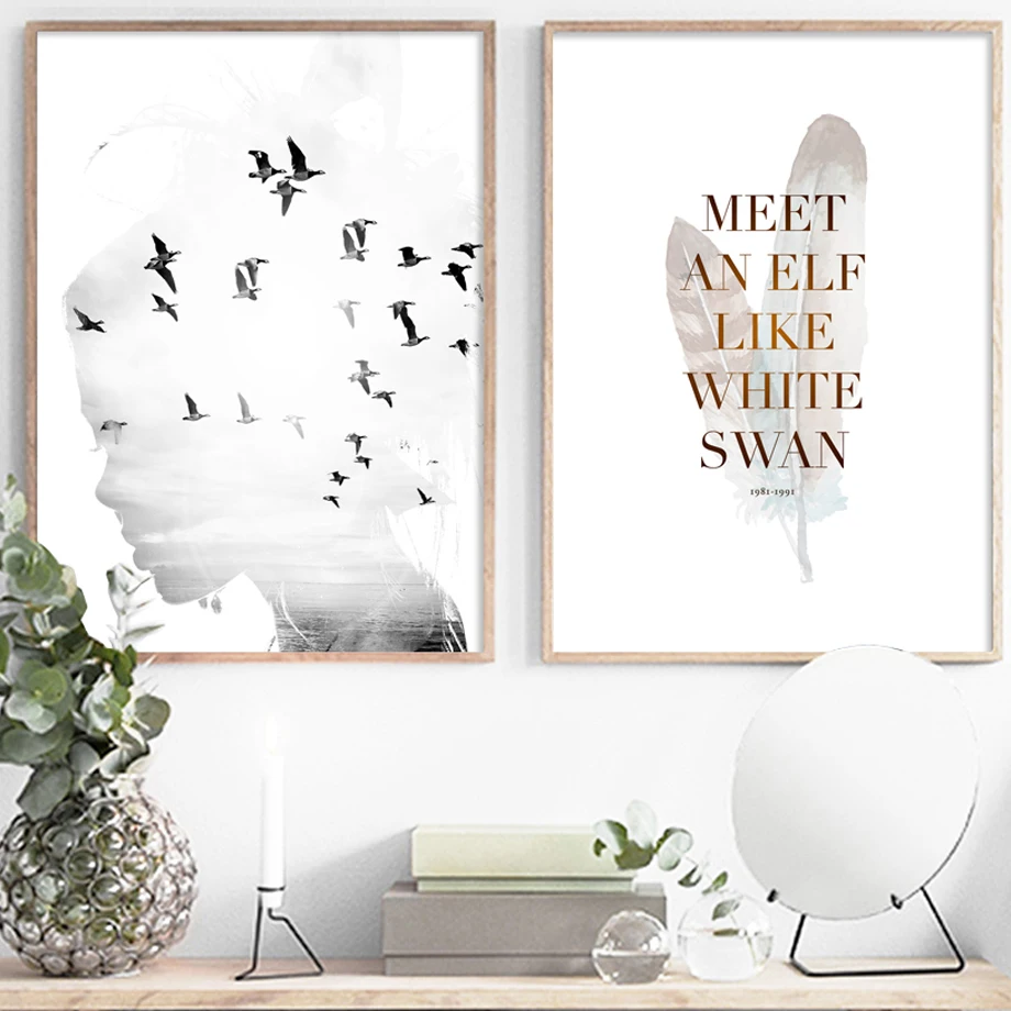 

Abstract Girl Sea view Bird Feather Quote Wall Art Canvas Painting Nordic Posters And Prints Wall Pictures For Living Room Decor