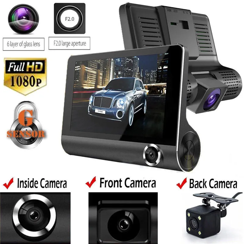 4 дюйма FHD 1080P ips g-сенсор ночное видение 3 объектива камера s Cylic Запись видео регистратор авто камера русский язык