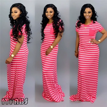 

Short Sleeve Women Summer Casual Dress Striped Ladies Loose Long Maxi Dress Short Sleeve Plue Size S-2XL