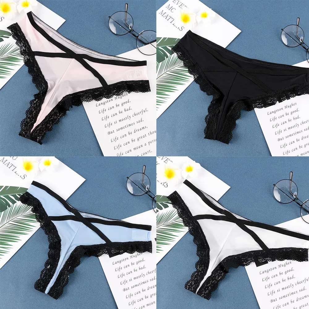 Women Solid Color Silky Thongs Sexy Lace Panties Low Waist Cotton