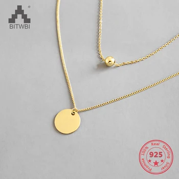

Genuine 925 Sterling Silver Initial Necklace Pendant Geometric Round Beads Double Clavicle Chains Women Gold Silver Jewelry