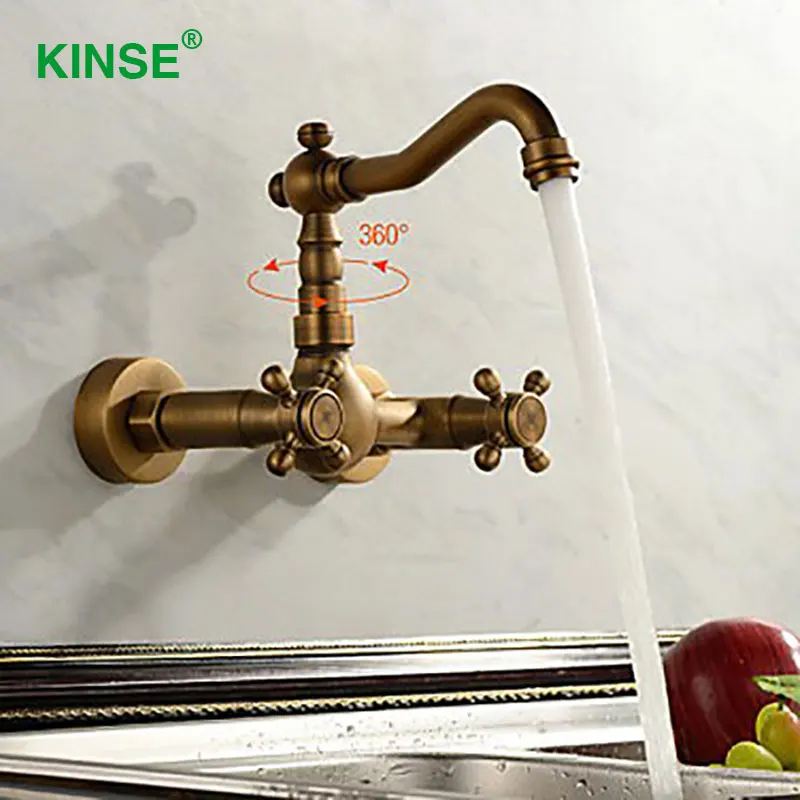 

KINSE Antique European Design Wall Mounted Kitchen Faucet Dual Holder Dual Hole Sink Mixers Taps Faucet
