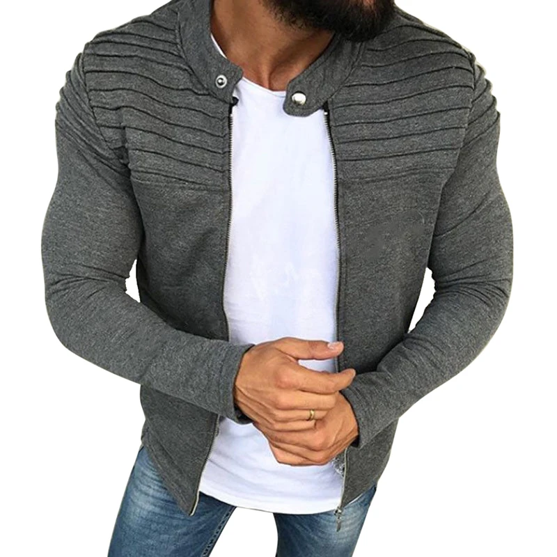 CALOFE Mens Clothing Pleats Slim Stripe Fit Raglan Zipper Long Sleeve ...