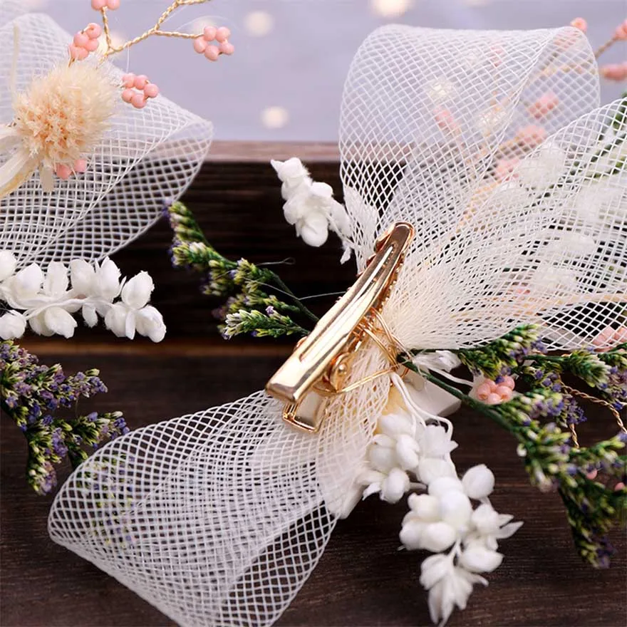 MOLANS One Set Mori Style Yarn Flower Blossom Hairband Suit for Bride Wedding Hair Accessories Handmade Mesh Bow Alloy Hairpins