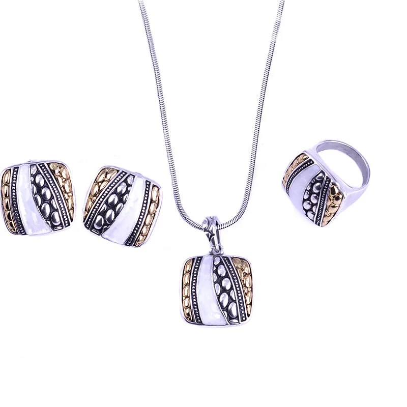 Blucome White Black Shell Jewelry Sets French Hooks Stud Earrings Square Necklace Earring Ring Set Colar