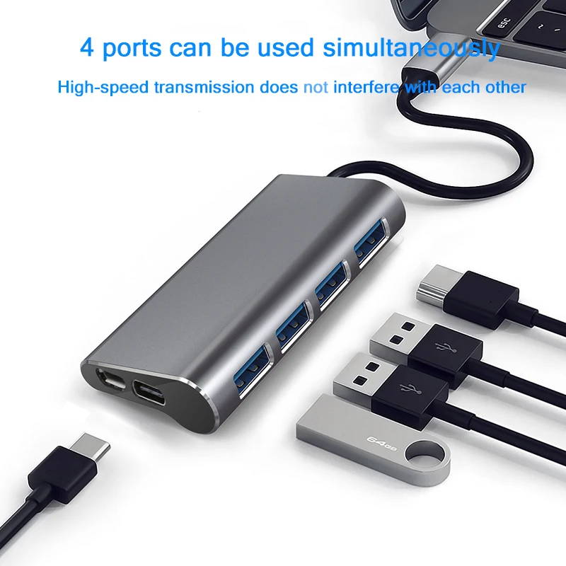 4-портовый Алюминий сплава USB 3,0 концентратор 5 Гбит/с супер Скорость 0,6 м/1 м usb-хаб Тип-C Micro Зарядка через usb разветвитель для настольного компьютера ноутбука