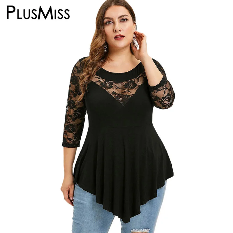 PlusMiss размера плюс 5XL сзади и цветочными кружевами, сексуальная женская блузка-туника женская одежда Лето Большой Размеры рукава Топы дамы XXXXL XXXL XXL