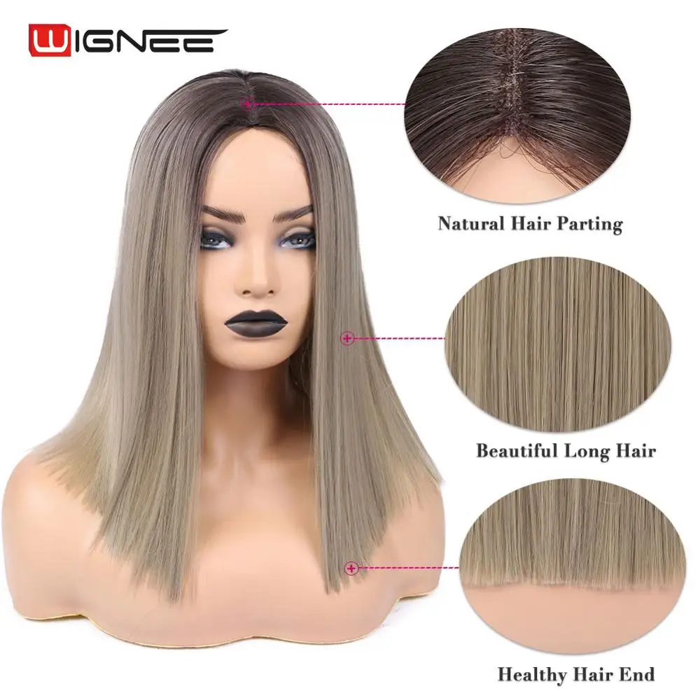 Wignee натуральные черные короткие прямые волосы синтетические парики для женщин термостойкие яки пушистые волосы розовый/коричневый/Блонд натуральный парик - Цвет: WigneeGBA18075