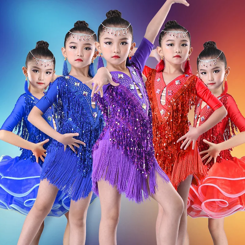 

Latin Dance Dress For Girls Children Tassel Salsa Tango Ballroom Dancing Dress Competition Costumes Kids Practice Dance Clothing
